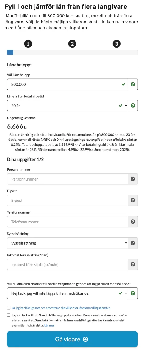 The partner loan form in an iframe: three numbered dots, a progress bar and one long column of fields with help icons, ending in a blue button
