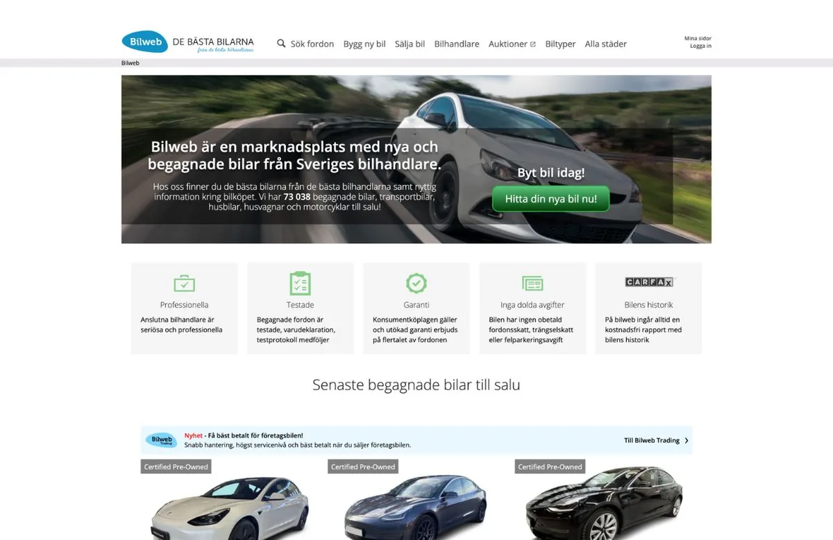 The old Bilweb start page: a menu with a small search link, a banner with one green button, and five boxes of selling points