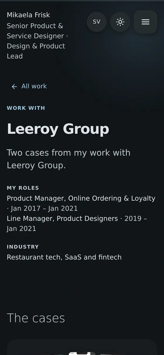 The Leeroy Group company page on a phone, with my two roles and the cases from Leeroy